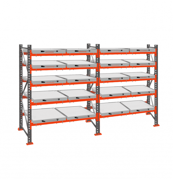 Стеллаж с выкатными платформами ДиКом 2500х3600х1000 на 5 ярусов П-90