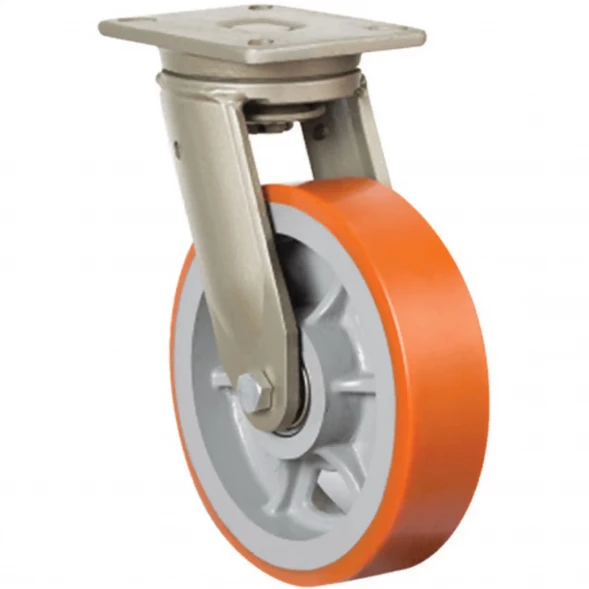 Колесная опора большегрузная поворотная (полиуретановое покрытие, чугунный обод, в оси - роликовый подшипник) d150