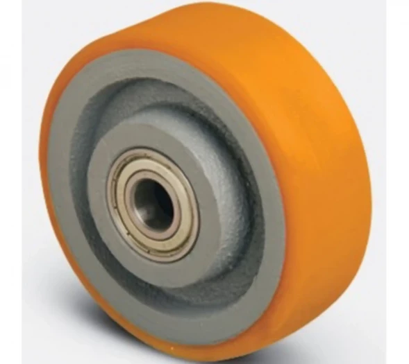 Колесная опора большегрузная неповоротная (полиуретановое покрытие, чугунный обод, в оси - роликовый подшипник) d150