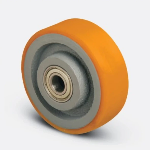 Колесная опора большегрузная поворотная (полиуретановое покрытие, чугунный обод, в оси - роликовый подшипник) d200