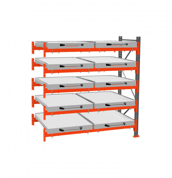 Стеллаж с выкатными платформами ДиКом 2500х1800х1000 на 5 ярусов доп. секция П-90