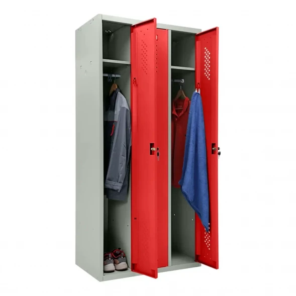 Шкаф металлический трехдверный серый с красным