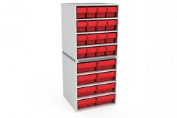 Стационарная кассетница ДиКом на 2 яруса с красными ящиками-НАБОР