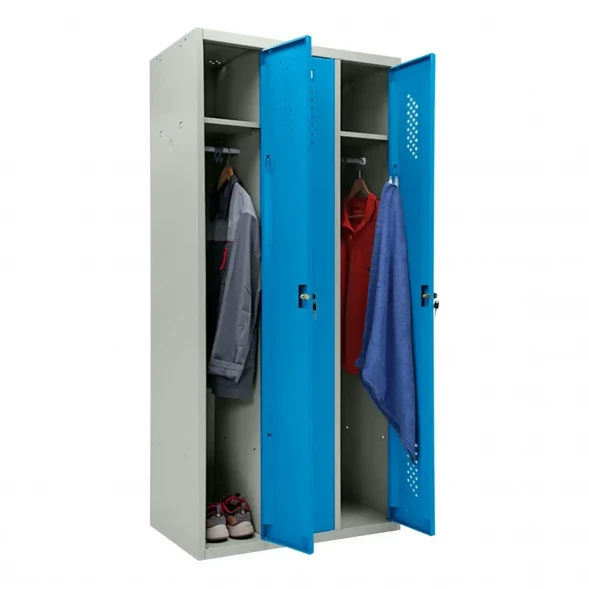 Шкаф металлический трехдверный серый с голубым