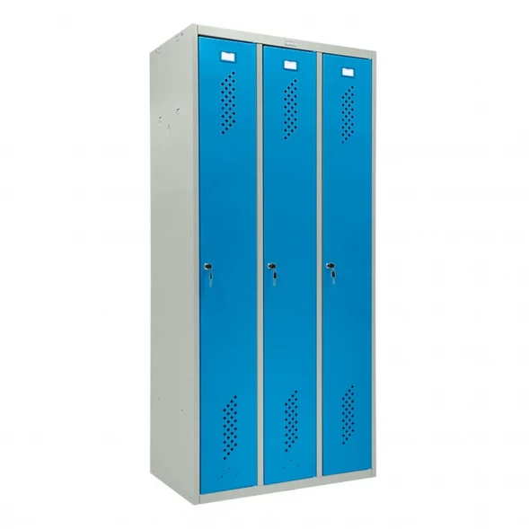 Шкаф металлический трехдверный серый с голубым