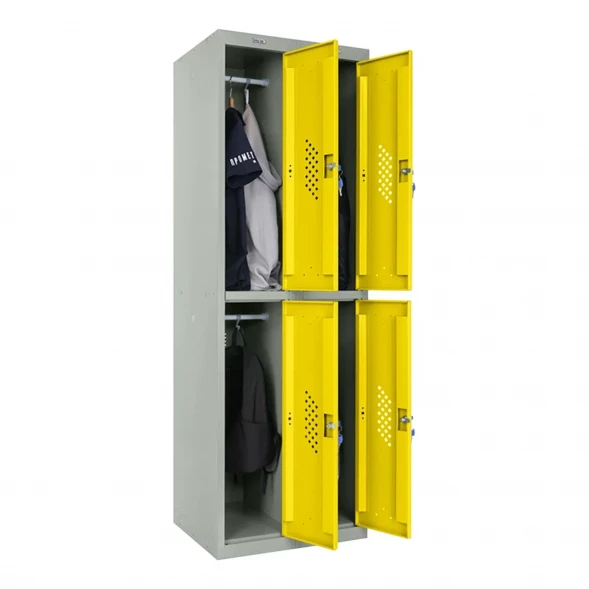 Шкаф металлический четырехдверный серый с желтым