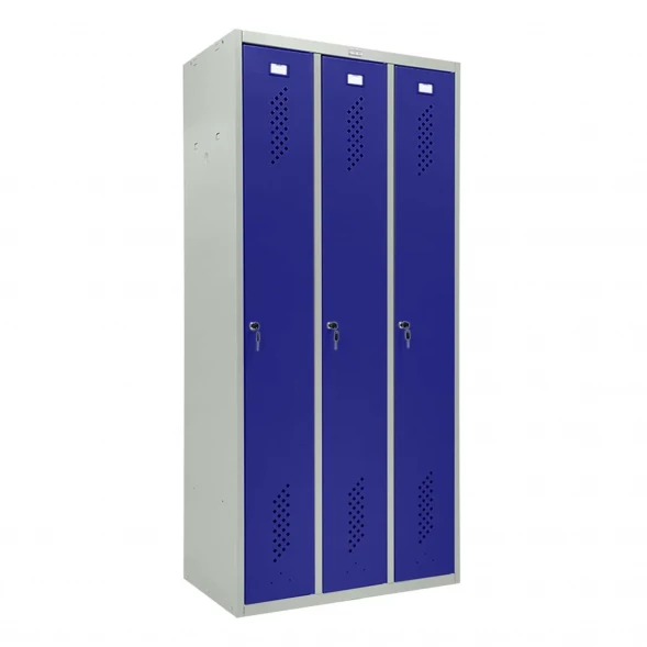 Шкаф металлический трехдверный серый с синим