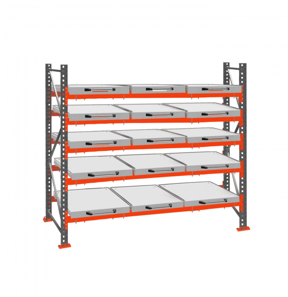 Стеллаж с выкатными платформами ДиКом 3000х2700х1000 на 5 ярусов П-90