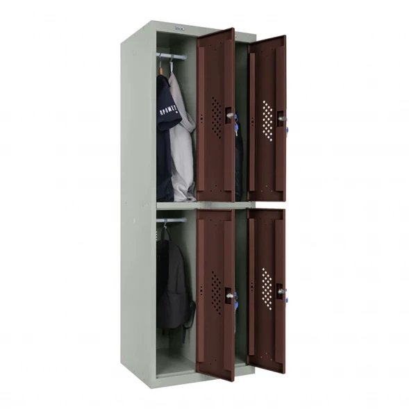 Шкаф металлический четырехдверный серый с коричневым